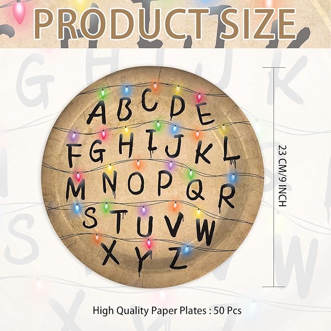 50Pcs Spooky Rustic Alphabet Paper Plates 9 Inch Disposable Retro Colorful Light Bulbs Party Decorations Retro Scary House Run Themed Plates for Boys Girls Holiday Stranger Birthday Party Supplies
