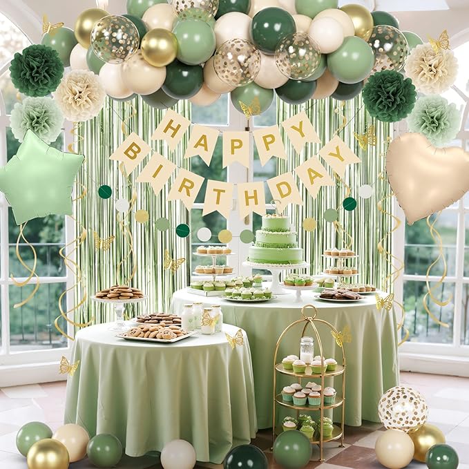 Sage Green Birthday Party Decorations for Women Girls, Green Olive Gold Sand White Confetti Foil Balloons Happy Birthday Banner Fringe Curtain Hanging Swirls Circle Dots Tassels Pompoms Party Supplies
