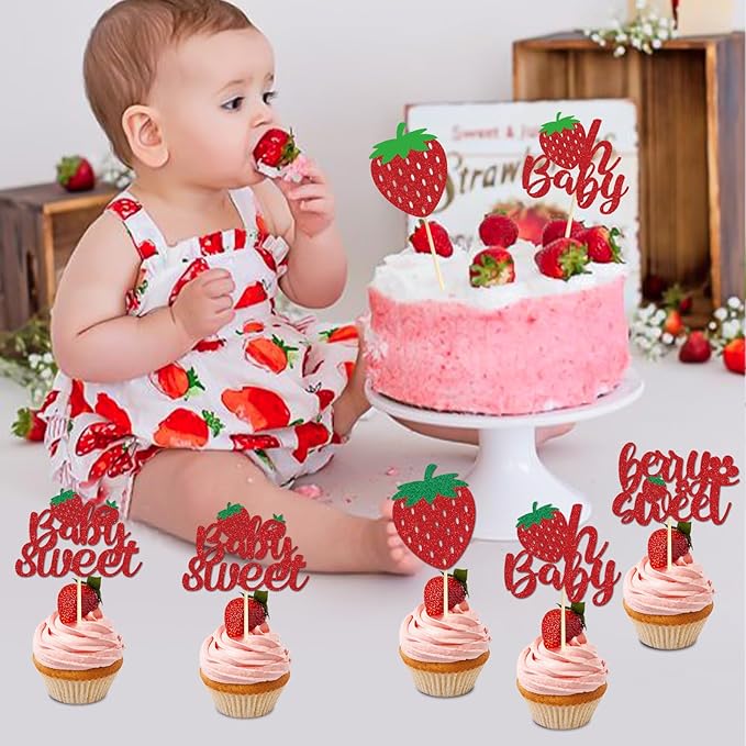 Strawberry Oh Baby Cupcake Toppers - 36PCS Glitter Baby Sweet Cupcake Decor, Strawberry Baby Shower Party Supplies