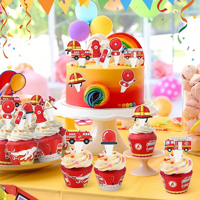 48 Pack Fire Truck Cupcake Toppers and Wrappers, Firefighter Fireman Party Cake Decoration for Firefighting Theme Birthday Party Baby Shower Supplies