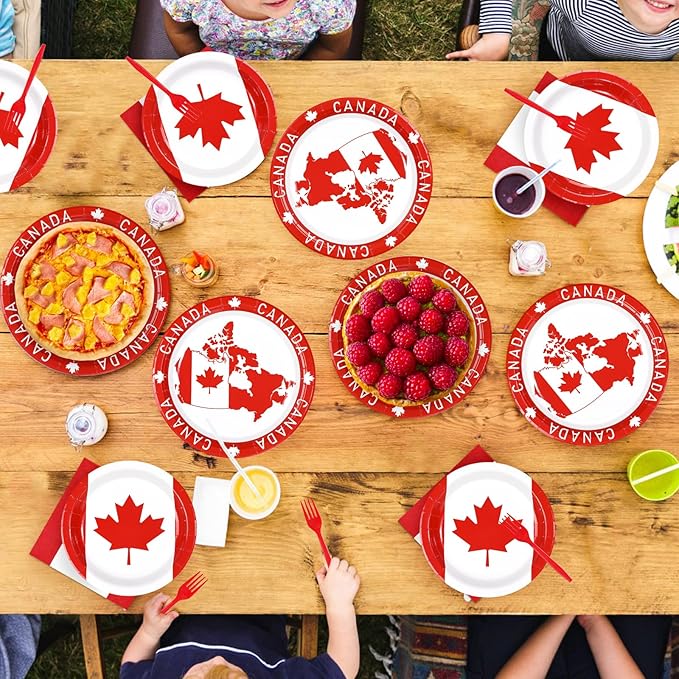 96Pcs Canadian Flag Party Supplies Canada Day Plates and Napkins Tableware Sets Red and White Canada Birthday Decorations for Canadian Theme Family Gathering Party Favors Decor Serves 24