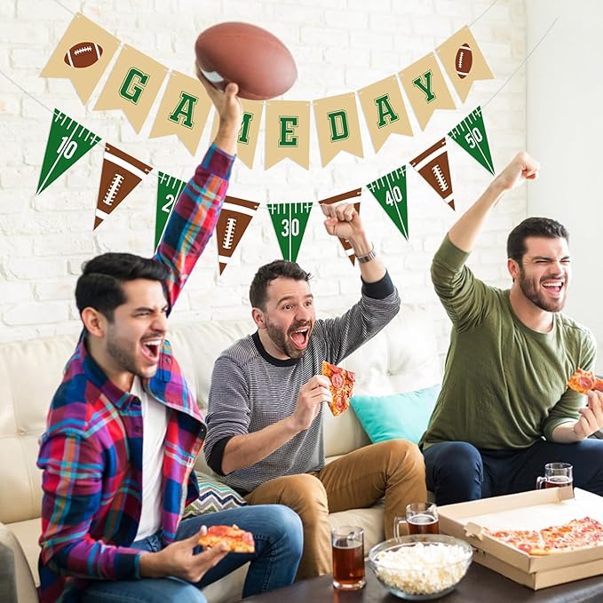 Hooqict 2 Pieces Game Day Football Banner Football Party Decorations Football Party Banner Garland with Triangle Flags Sign for Sports Birthday Party Decorations Tailgate Party Supplies
