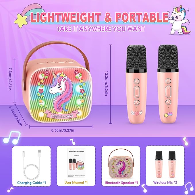 Unicorn Mini Karaoke Machine Toys: Kids Toys Girls Xmas Birthday Gifts Age 3-12+ Stocking Fillers LED Portable Bluetooth Speaker with 2 Wireless Microphone Gift Toy for 4 5 6 7 8 9 Years Old Girl Kid