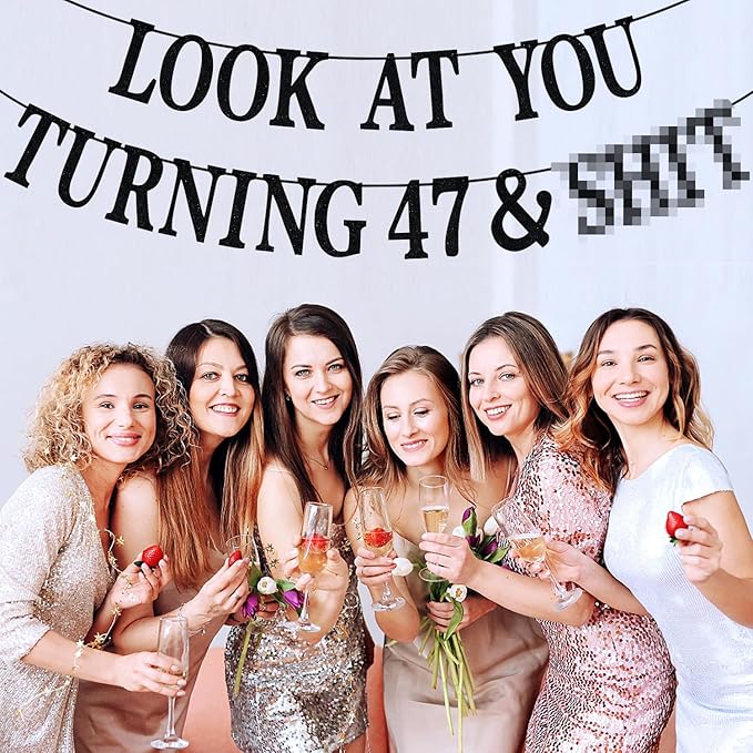 Black Glitter Look at You Turning 47 & Sh*t Banner, Happy 47th Birthday/Level 47 Unlocked/Cheers to 47 Years, Funny 47th Birthday Party Decorations Supplies