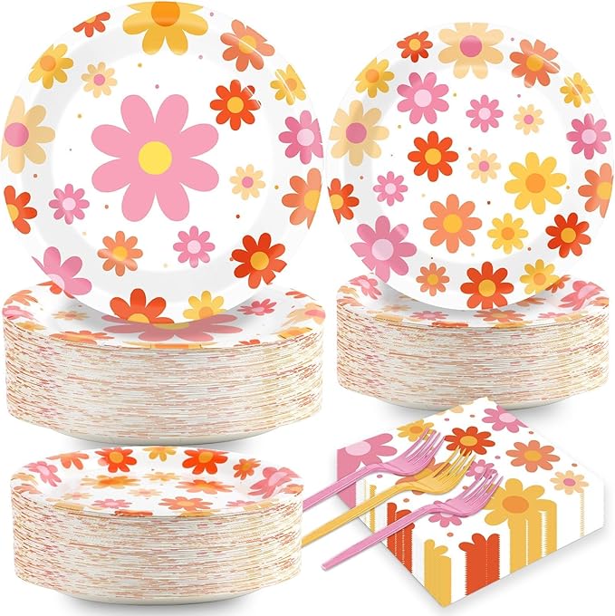 Qyeahkj 50 Guests Groovy Daisy Plates and Napkins Party Supplies Boho Hippie Party Decorations Disposable Tableware Set Retro Hippie Daisy Dinnerware Favor for Birthday Baby Shower,200PCS
