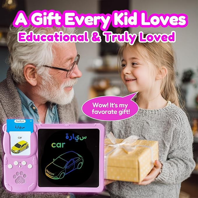 Drawing Tablet with Bilingual Flashcards for Kids - Arabic English Talking Flash Cards, LCD Writing Pad Board, Pocket Speech for Toddlers, Learning Toy Gift for Boys Girls (Arabic, Pink)