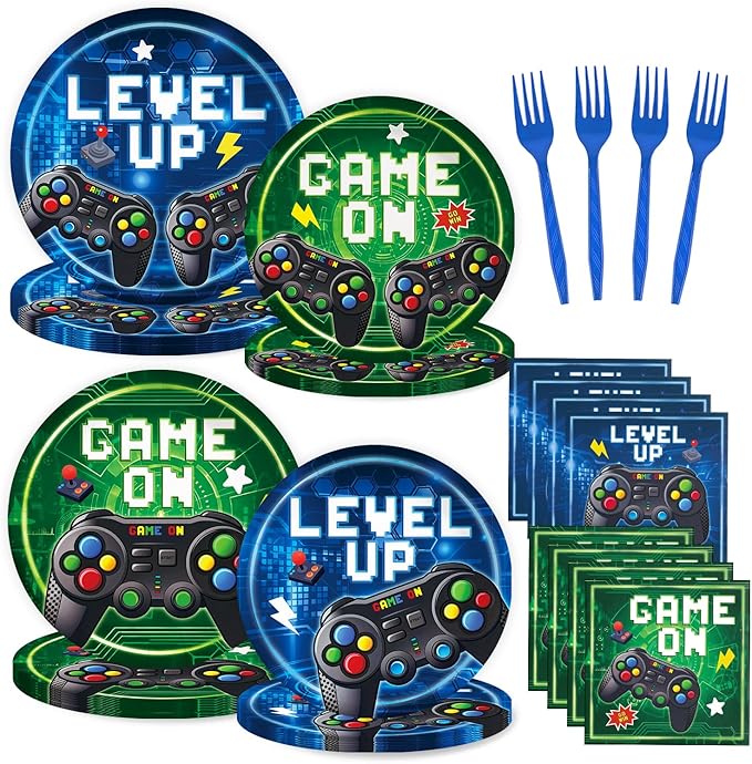 96 Pcs Video Game Plates and Napkins Tableware Set (Serve 24), Video Game Birthday Party Decorations, Party Supplies Include Plates Napkins Plastic Forks for Party