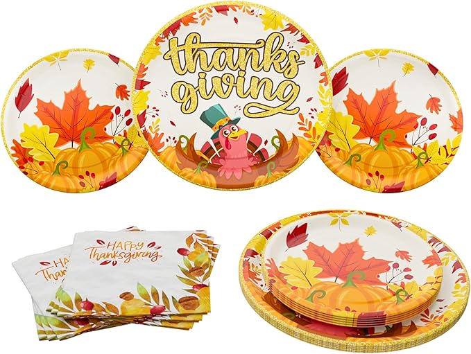 Blue Orchards Thanksgiving Party Plates and Napkin (52 pieces for 16 guests) - Thanksgiving Party Supplies, Thanksgiving Party Decorations, Fall Theme Party, Turkey Party Plates and Napkins