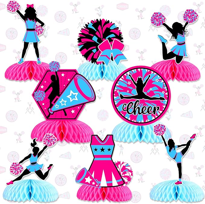 JOYMEMO 8 Pieces Cheerleading Honeycomb Centerpieces Hot Pink Blue - Cheerleading Themed Party Decorations Rose Red, Cheerleader Table Decor for Cheer Gymnastics Birthday Party Supplies