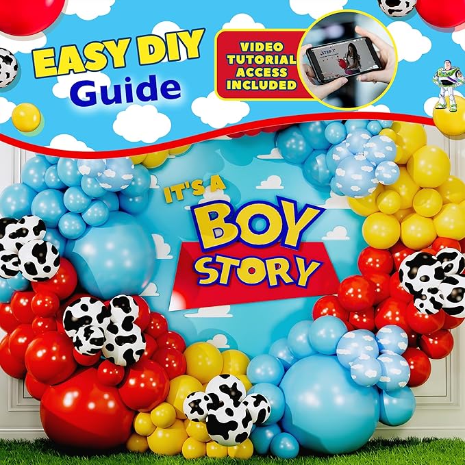 ALL-IN-1 Toy Story Balloons Arch Kit for It's A Boy Story Baby Shower Decorations – Toy Story Balloon Garland Kit with Cloud & Cow Toys Story Balloons for First Toys Story Birthday Party Supplies