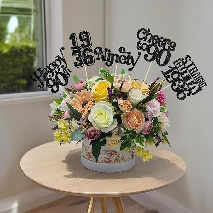 Gyufise 15Pcs Happy 90th Birthday Centerpiece Sticks Ninety Straight Outta 1936 Table Flower Centerpieces Sticks Cheers to 90 Decorations for 90th Birthday Party Supplies Black