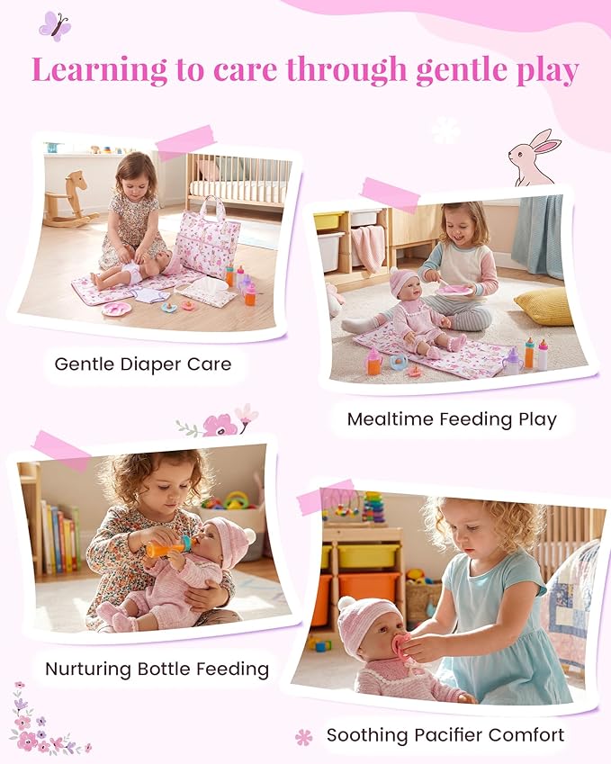 BABESIDE Baby Doll Accessories – 12 Pcs Baby Doll Diaper Bag Playset with Changing Mat & Magic Bottles, Role Play Gift for Girls 3+, Fits Dolls up to 20 Inch (Doll Not Included)