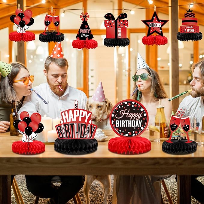 Pajean 8 Pieces Red and Black Birthday Party Honeycomb Centerpieces Red Black Table Centerpieces Decorations Table Centerpiece Sign for Kids Adults Party Supplies