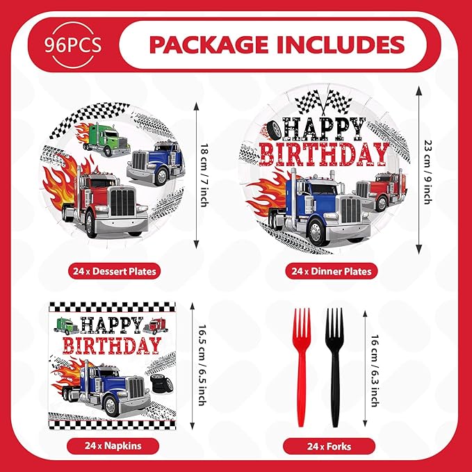 96Pcs Semi Truck Birthday Party Decorations Truck Car Happy Birthday Plates and Napkins Sets Transportation Theme Decorations for Truck-Theme Transportation Construction Bday Party Supplies Serves 24