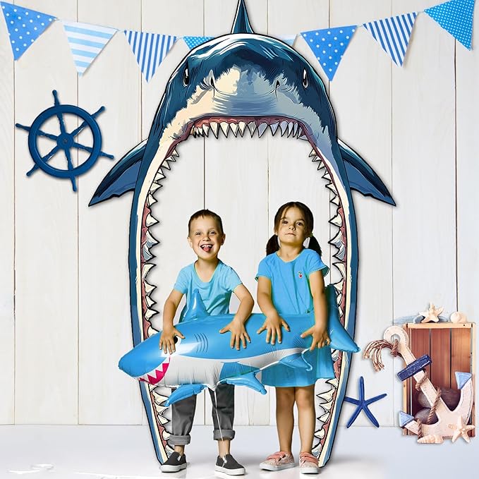 Shark Party Porch Banner Sea Shark Themed Party Door Decoration Shark Door Banner Hanging Supplies Sea Animal Photo Backdrop for Ocean Birthday Photo Booth Prop Door Covering Wrap Supplies