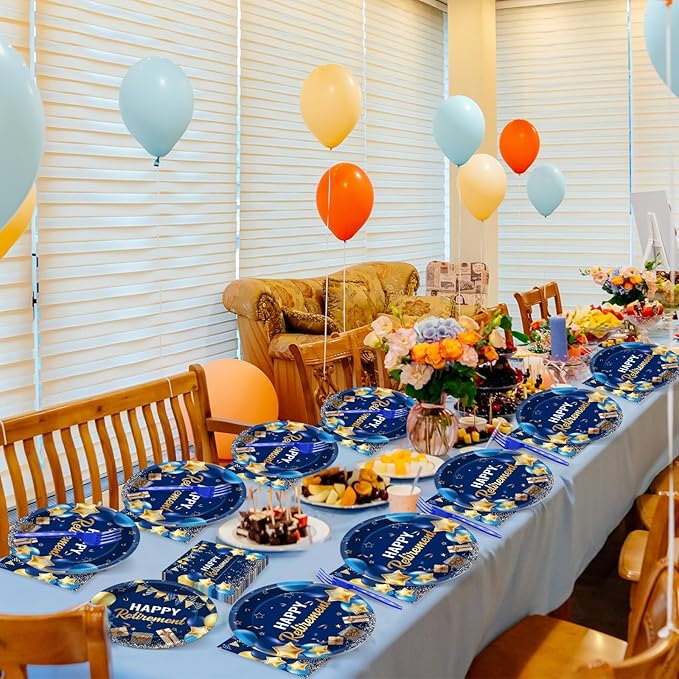 96 Pcs Retirement Party Supplies Paper Plates Napkins Blue Gold Happy Retirement Party Tableware Decorations Favors for Men Women Decor Serves 24