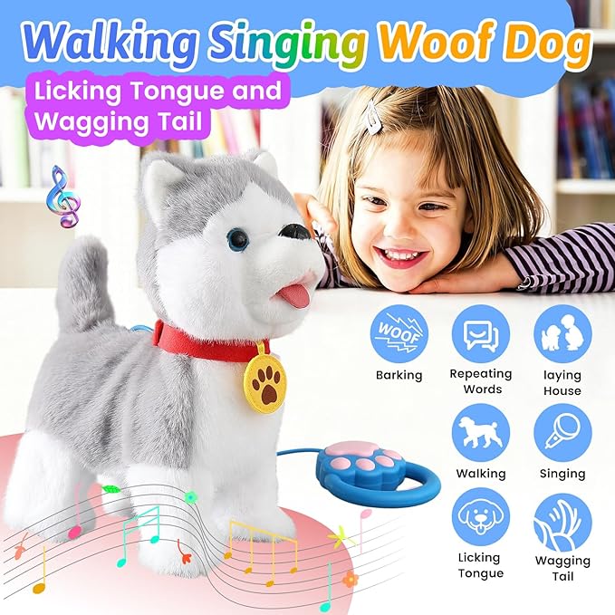 Marsjoy Husky Walking Barking Dog for Kids Interactive Musical Puppy Robot Repeats What You Say, Realistic Licking Tongue Wagging Tail Remote Control Toddler Toys for Girls and Boys Birthday Gifts