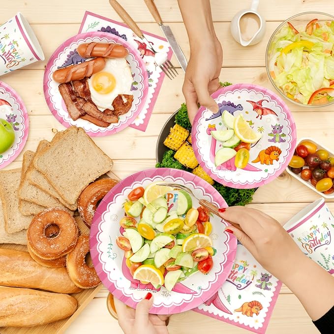 96Pcs Pink Dinosaur Plates Birthday Party Supplies, Dinosaur Paper Plates and Napkins and Cups Baby Shower Birthday Party Decorations for Girl, Serves 24