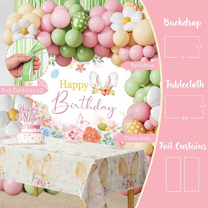Easter Bunny Birthday Party Decorations, Spring Bunny Birthday Party Decorations for Girls, Easter-Themed Party Supplies Kit, Floral Backdrop Balloon Garland Banner Backdrop Tablecloth for Birthday
