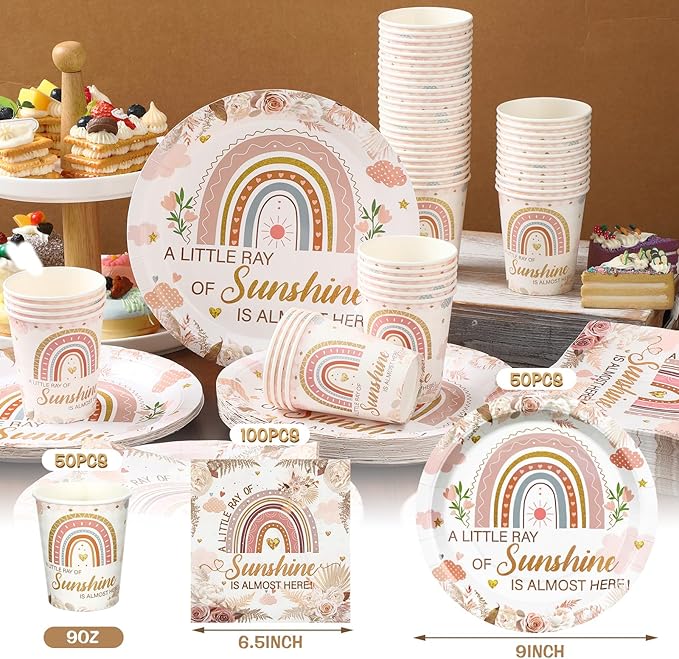 200 Pcs Rainbow Baby Shower Paper Plates Napkins Cups Baby Shower Party Supplies Tableware Set Boho Disposable Cup Napkin for 50 Guest Girls Spring Party Decoration