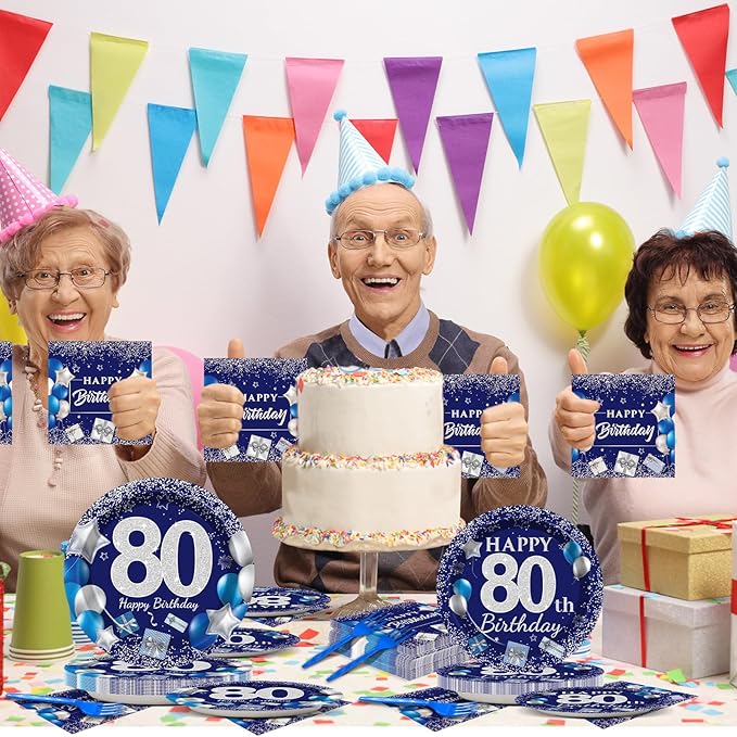 96 Pcs 80th Birthday Party Supplies Navy Blue and Silver Birthday Plates 80th Birthday Paper Tableware Happy Birthday Party Plates and Napkins Forks Blue Birthday Table Decorations for 24 Guests