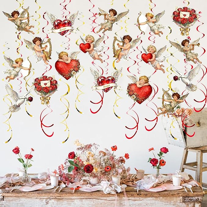 Valentine's Cupid Party Streamers, 48 PCS Romantic Hanging Swirl Decorations - Angel, Heart & Rose Motifs for Valentine's Day, Weddings & Anniversary Parties