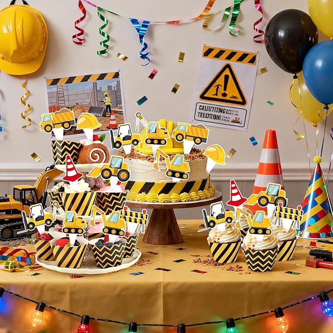48 Pack Construction Cupcake Toppers and Wrappers, Construction Vehicles Party Cake Decoration for Engineering Theme Birthday Party Baby Shower Supplies