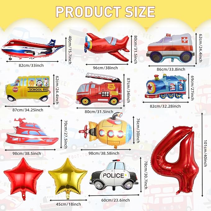 12pcs Transportation Balloons, Truck Plane School Bus Fire Truck Police Car Ship Ambulance Submarine Foil Balloon, Transportation 4th Birthday Vehicles Theme Party Supplies Decorations (4th)