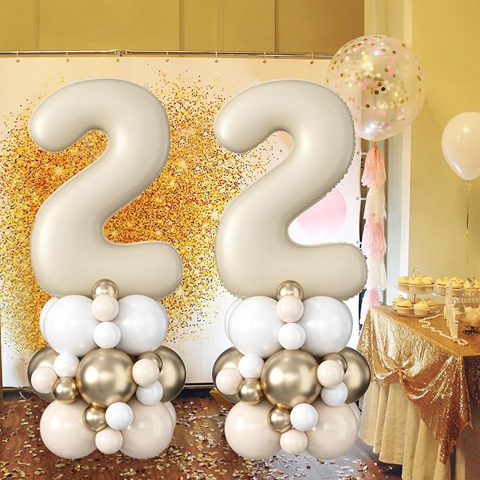 40 Inch Cream Number 2 Balloon for 2nd Birthday Decoration Beige White Sand Number Two Foil Balloon Tower Giant Large Nude Neutral Digit Helium Balloons Stack for Girls Second Anniversary Party