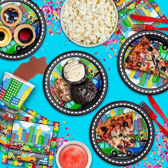 Cars and Trucks Birthday Party Supplies - Car Birthday Supplies for Boys - Little Cars Birthday Supplies for Toddlers | Tableware Set Includes Plates, Napkins and Cups | Kit for 16