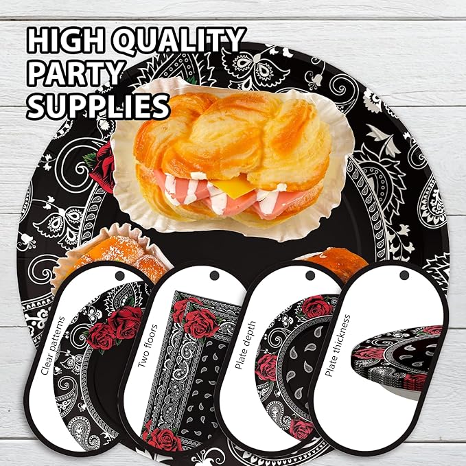 96PCS Black Bandana Western Party Decorations Cholo Gangsta Party Plates Disposable Black Bandana Tableware Set for Early 2000s Cholo Theme Western Birthday Party Supplies, Serves 24