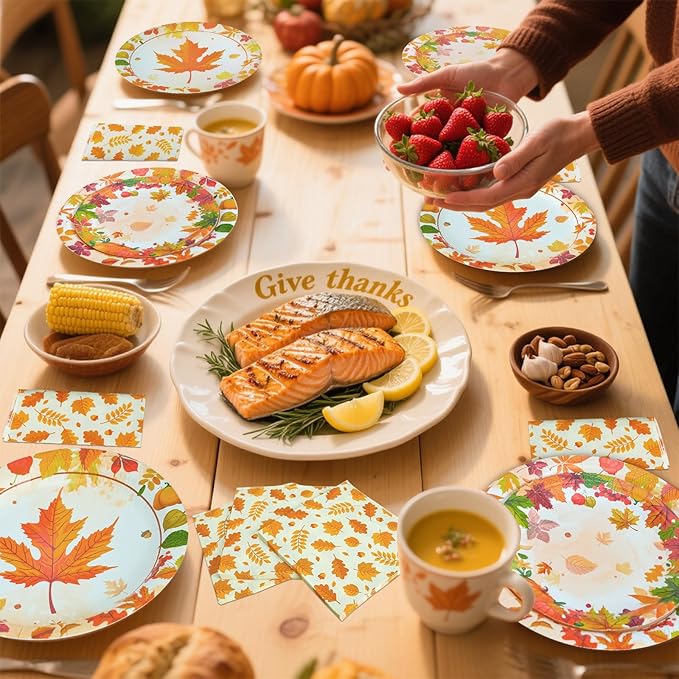 180Pcs Thanksgiving Paper Plates and Napkins Sets,Fall Plates and Napkins Disposable Fall Party Supplies for Thanksgiving Autumn Harvest Table Decor, 60 Guests