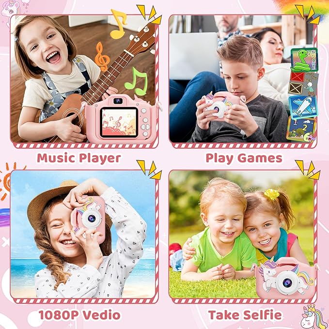 Kids Camera, Toys for Age 3-9 Year Old Toddler Digital Camera, Girls Christmas Birthday Gifts, Selfie Camera with Cartoon Soft Silicone Cover and 32GB Card (Sakura Pink)