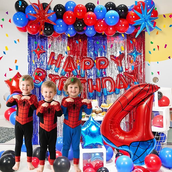 Spider Web Number 4 Balloon Birthday Decoration, Superhero Themed 40in Giant Mylar Number Party Supplies
