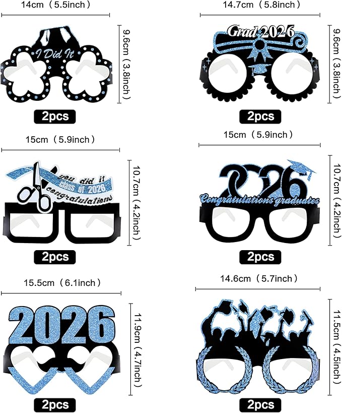 12 Pcs 2026 Graduation Party Glasses Class of 2026 Grad Party Eyeglasses Photo Props for Graduation Party Decorations（Blue）