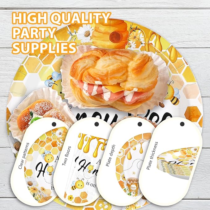 96Pcs Bee Baby Shower Decorations Honey Bumble Bee Baby Shower Plates and Napkins Tableware Sets A Little Honey is On The Way Party Decoration for Bees Gender Reveal Birthday Party Supplies Serve 24