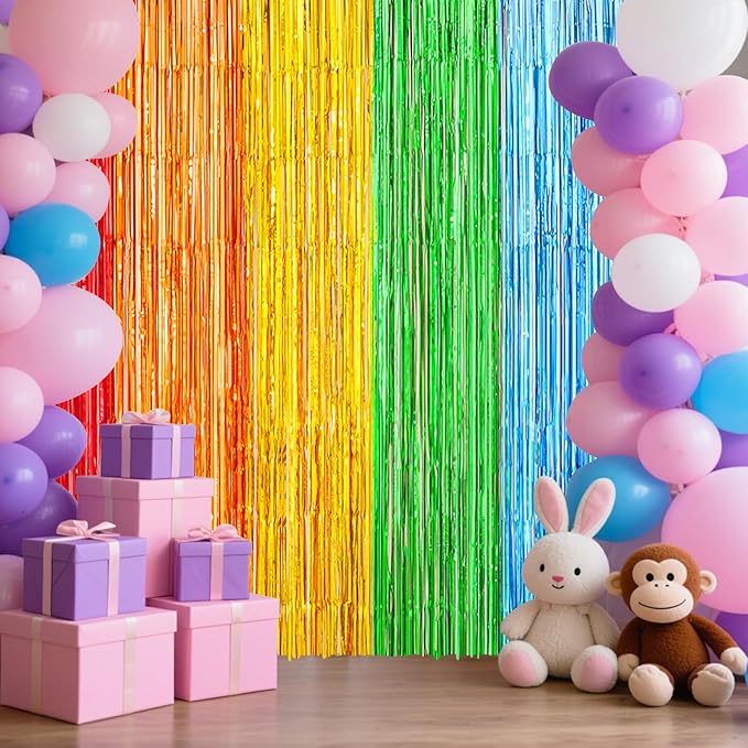 Rainbow Metallic Tinsel Foil Fringe Curtains Backdrop 2Pack 3.3x8.3Ft Party Streamers for Birthday Party Decorations Halloween Christmas Decors Foil Curtain Backdrop for Bachelorette Bridal Party