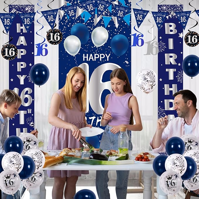 16th Birthday Decorations for Boys Girls, Navy Blue Happy 16th Birthday Door Banner Sign, 16 Years Old Party Supplies Teenagers Bday Backdrop Balloons Hanging Decors