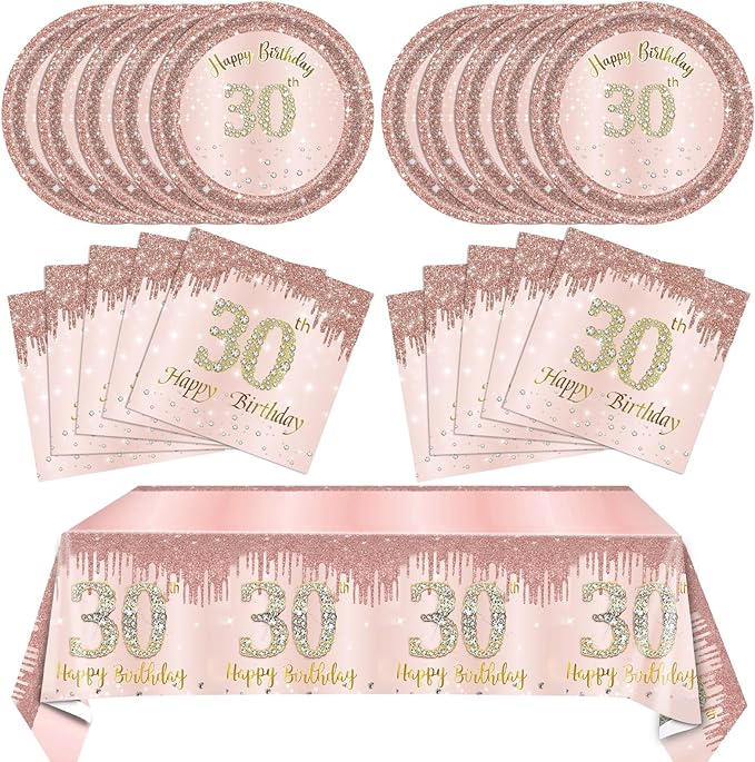 30th Birthday Decorations for Women 30th Birthday Party Supplies Include Rose Gold birthday Plates and Napkins Tablecloth 30th Birthday Supplies Tableware for Women