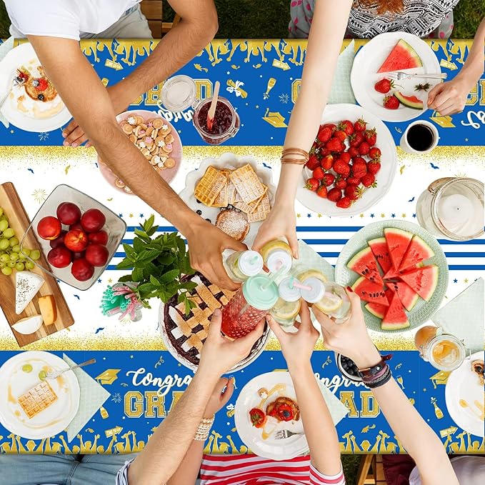 chiazllta Set of 3 Graduation Tablecloths Class of 2025 Congrats Grad Blue Graduation Party Tablecover Decorations Party Supplies Large Size Plastic 54"x108"(Blue & Gold)