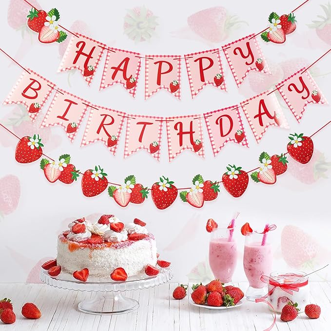 Paper Jazz Strawberry Hanging Banner Decorations，Red Fruit Banners Happy Birthday, Red Berry First Birthday Party Supplies for Theme 1st Birthday And Garden Party,Strawberry Themed Party Favors.