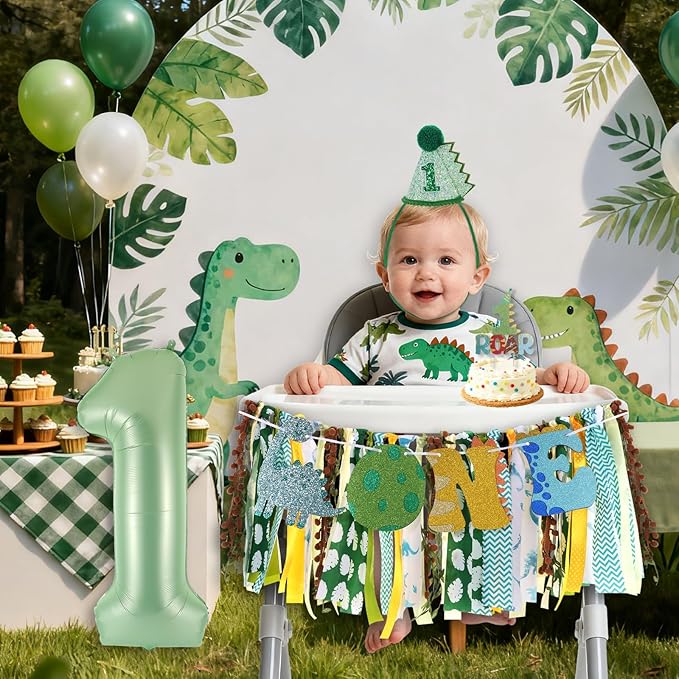 Dinosaur Highchair Banner for First Birthday Party Decorations Green Jungle Dinosaur Theme High Chair Tassel Banner for Boys Little Dino Roar 1st Birthday Fabric Banner Photo Props Backdrop Decorations