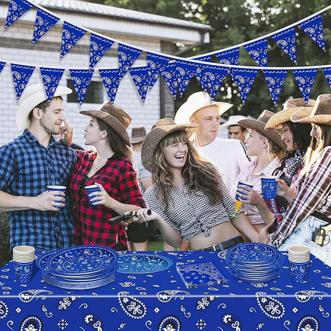 123 Pcs Western Cowboy Party Decorations, Wild West Birthday Decorations Tableware Set, Cups, Plates, Napkins, Banner & Tablecloth for Cowboy Themed Party Ideal for Bbqs, Baby Showers(Blue)
