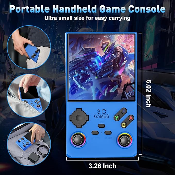 Hugawello R40 MAX handheld device, 40000 in 1 high-definition gaming mini retro video console, 4-inch IPS screen, 256GB RAM, 45 built-in emulators, 3800mAh battery (blue 256GB)