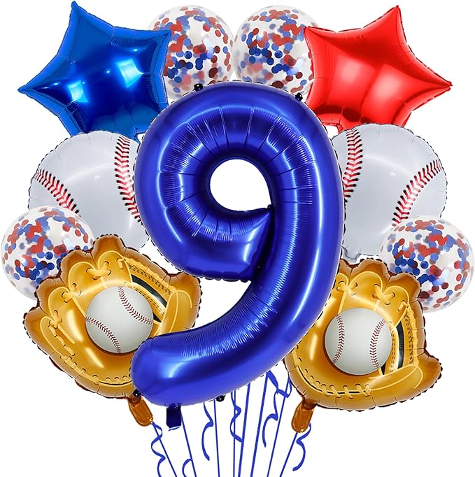 Baseball Birthday Party Balloons, 32 Inch Navy Blue Foil Number 9 Balloon, Baseball Glove Foil Balloon, Red Blue Star Confetti Balloon for 9th Birthday Sports Theme Party Supplies