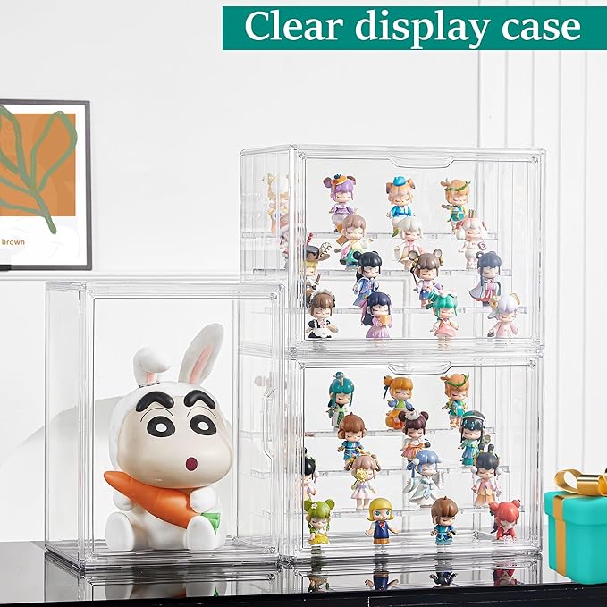 Attelite Acrylic Display Case,Upgrade 4 Tiers Clear Display Case with 3 Adjustable Divider, 4 Pack Stackable Large Storage Box with Magnetic Door for Collectibles Action Figures