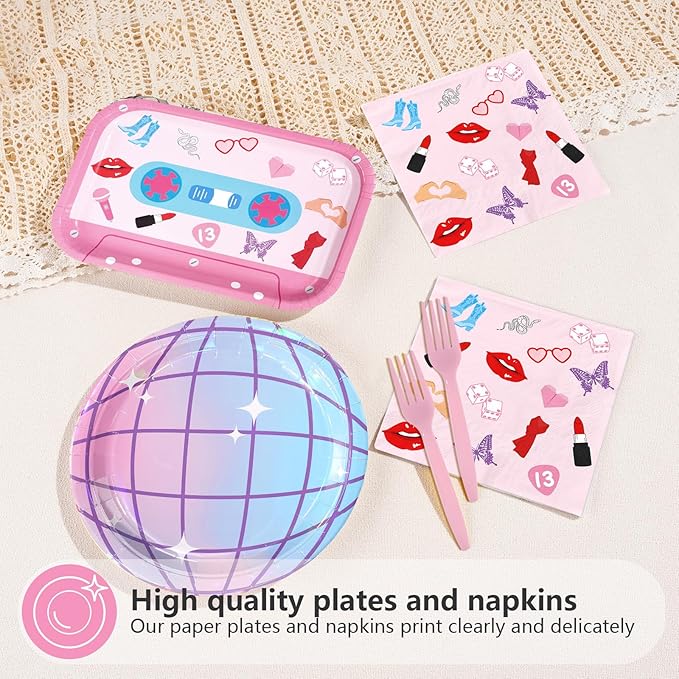 96Pcs In My Birthday Era Party Decorations Era's Birthday Singer Music Plates and Napkins Sets Iridescent Disco Music Friendship Decorations for Girls Women Bday Bachelorette Party Supplies Serves 24