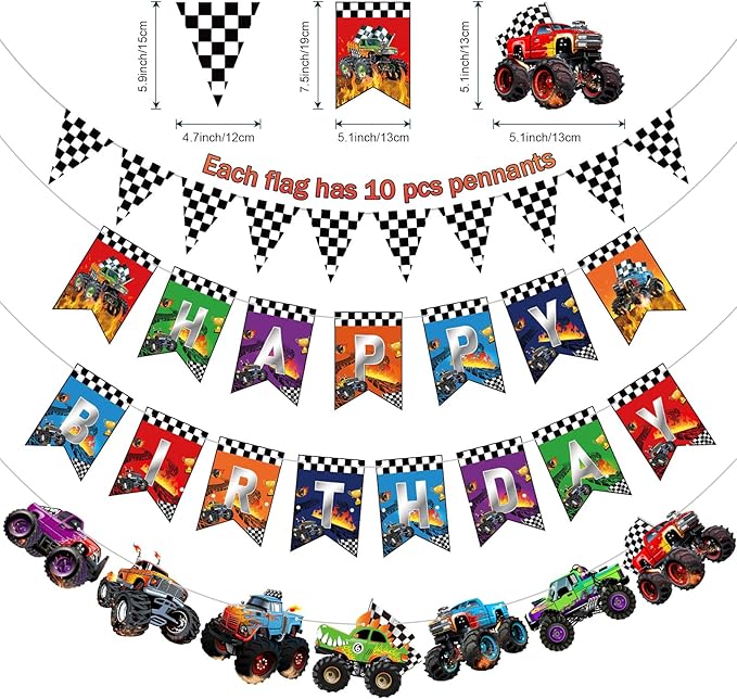 Pasimy 4 Pcs Truck Birthday Banner Cars Monster Truck Themed Garland Black and White Checkered Flags Pennants Green Purple Happy Birthday Bunting Racing Car Theme Party Decorations Supplies