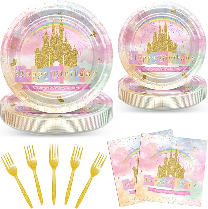 Avezano 96 PCS Princess Birthday Party Decorations Rainbow Gold Castle Plates Napkins Tableware Set for Girls Birthday Party Supplies, Serves 24