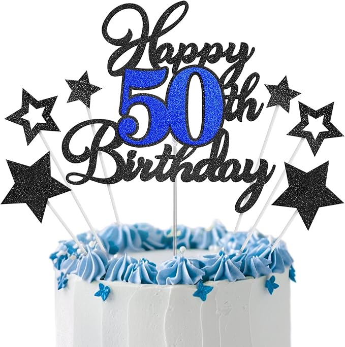 Happy 50th Birthday Cake Toppers, Black Blue Glitter Cake Decorations Set, 50th Birthday Decor, Birthday Anniversary Party Decorations Supplies
